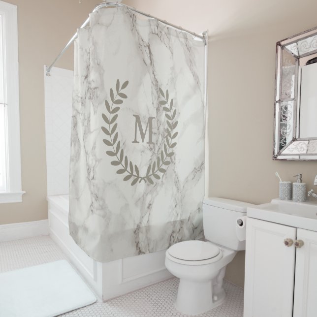 Classic White Marble with Taupe Laurels Custom Shower Curtain (In Situ)