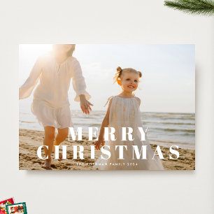Classic White Merry Christmas Typography Photo Holiday Card