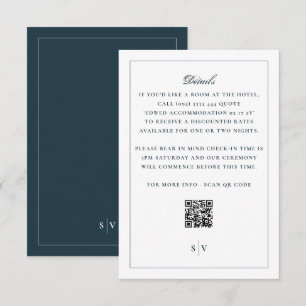 Classic White Navy Back QR Code Wedding Details Enclosure Card