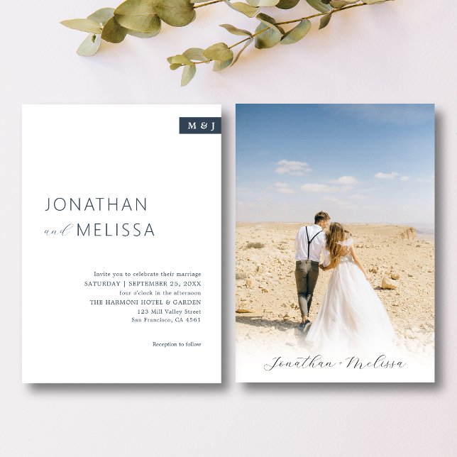 Classic White & Navy Blue Monogram Script Wedding Invitation (Creator Uploaded)