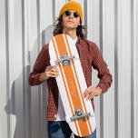 Classic White Orange Racing Stripes Gold Monogram Skateboard<br><div class="desc">Create your own custom, personalised, classic orange and white racing stripes, cool, stylish, classy elegant faux gold typography script, best quality hard-rock maple competition shaped skateboard deck. To customise, simply type in your name / monogram / initials. While you add / design, you'll be able to see a preview of...</div>