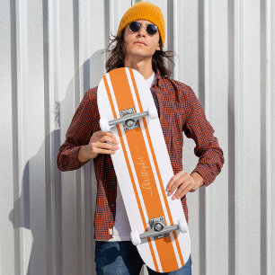 Classic White Orange Racing Stripes Gold Monogram Skateboard