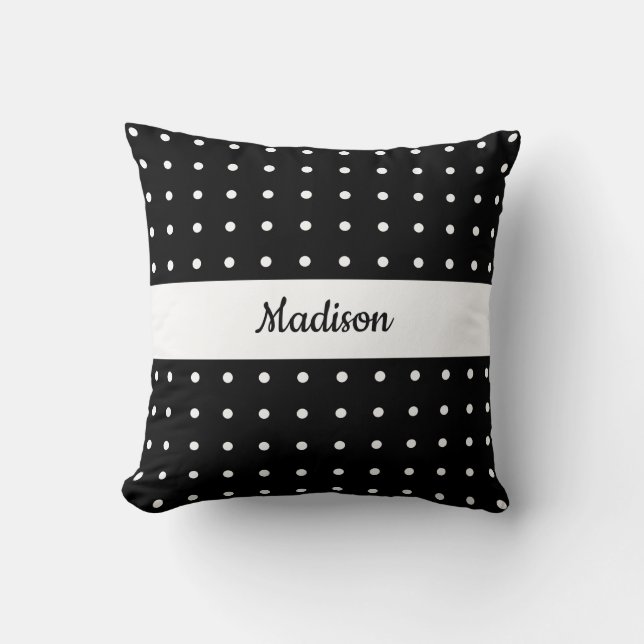 Classic White Polka Dot Pattern on Black with Name Cushion (Front)