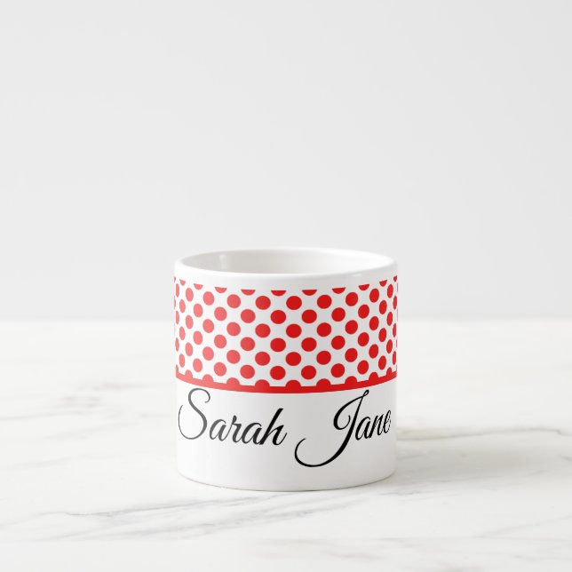 Classic white Red Polka dots | Personalised name Espresso Cup (Front)