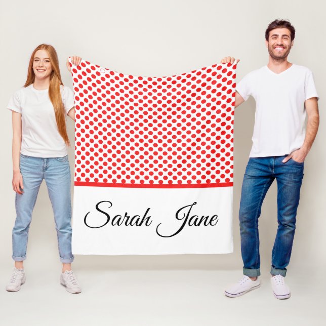 Classic white Red Polka dots | Personalised name Fleece Blanket (In Situ)