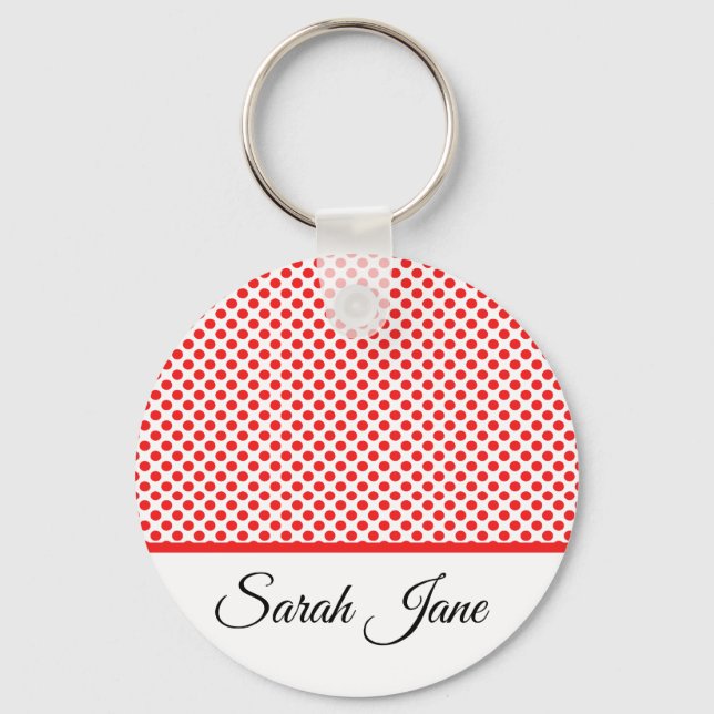 Classic white Red Polka dots | Personalised name Key Ring (Front)
