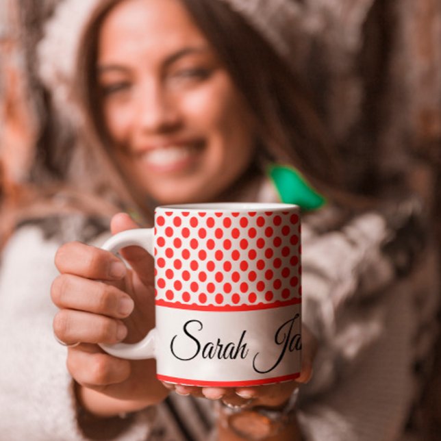Classic white Red Polka dots | Personalised name Large Coffee Mug (Creator Uploaded)