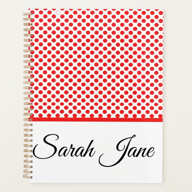 Classic white Red Polka dots | Personalised name Planner (Front)