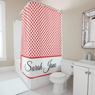 Classic white Red Polka dots Personalised name Shower Curtain