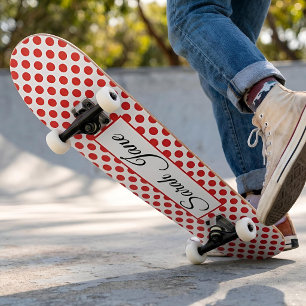 Classic white Red Polka dots   Personalised name Skateboard
