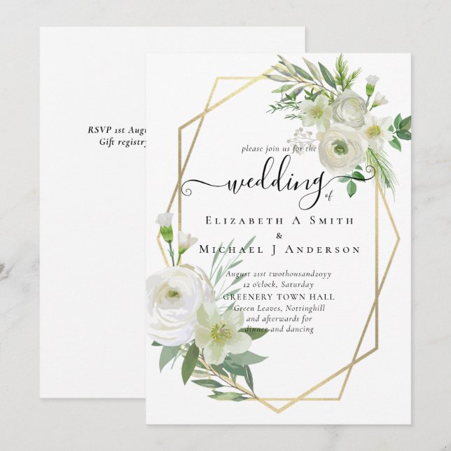 Classic White Rose Greenery Gold Wedding (Front/Back)