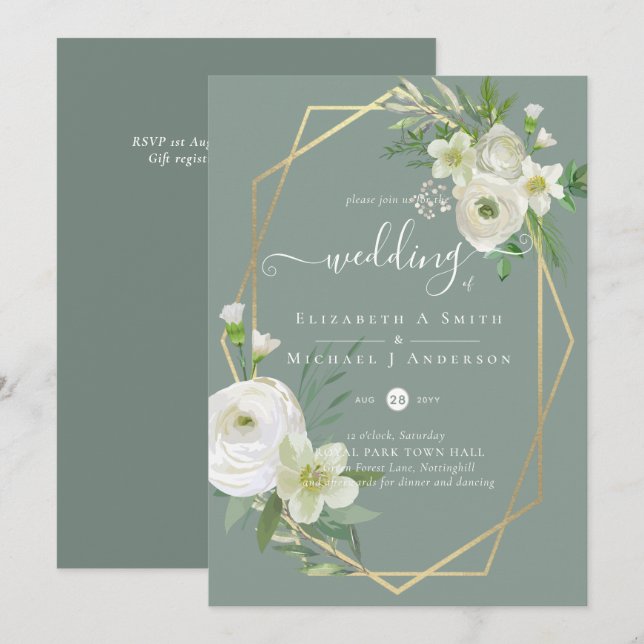 Classic White Rose Greenery Gold Wedding (Front/Back)