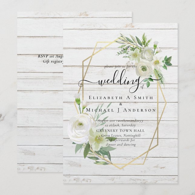 Classic White Rose Greenery Gold Wedding (Front/Back)