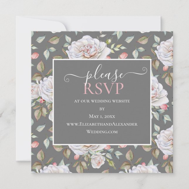 Classic White Rose | Grey Wedding Website RSVP (Front)