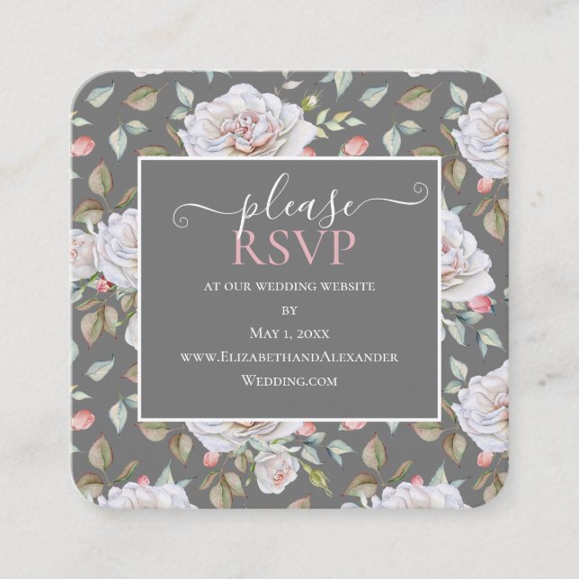 Classic White Rose |Grey Wedding Website RSVP   Square Business Card (Front)