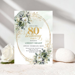Classic White Roses Eucalyptus 80th Birthday Invitation