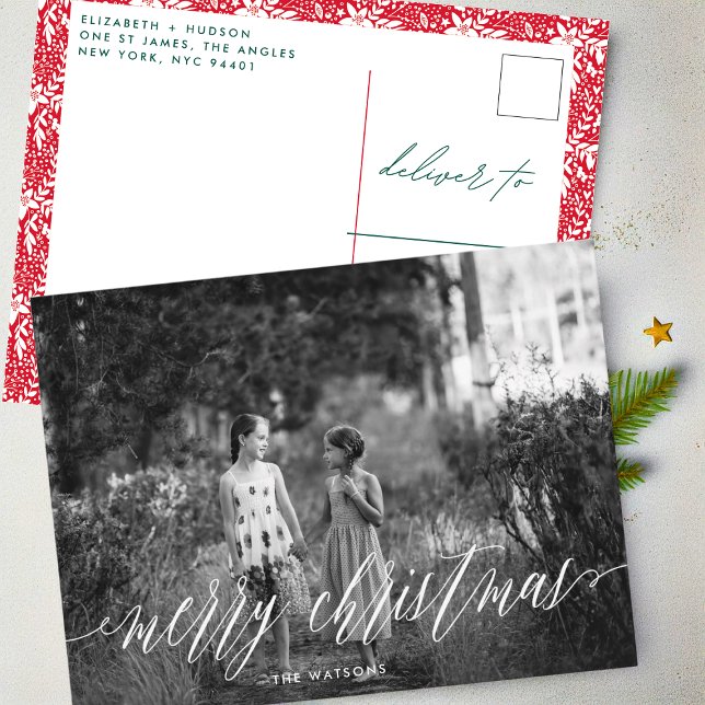 Classic White Script Merry Christmas Photo Holiday Postcard (Creator Uploaded)