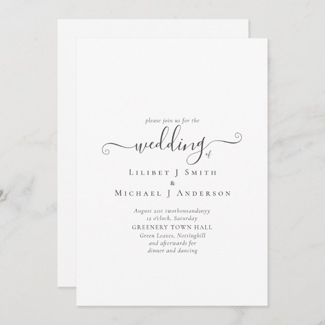 Classic White Text Only Wedding or Other Event Invitation (Front/Back)