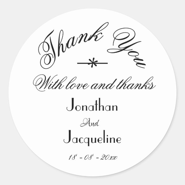 Classic White Thank You Custom Names Cute Wedding Classic Round Sticker (Front)