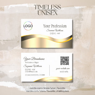Classic White Wavy Gold Decor with Logo QR Code Business Card