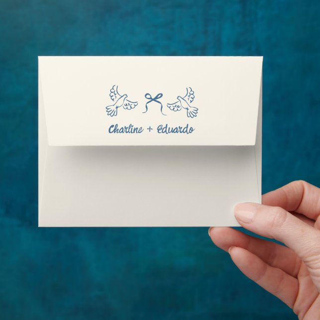 Classic White Wedding Envelope with Blue Doves (Hand)