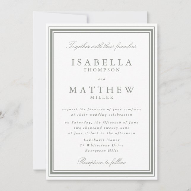 Classic White Wedding Invitation with Sage Frame (Front)
