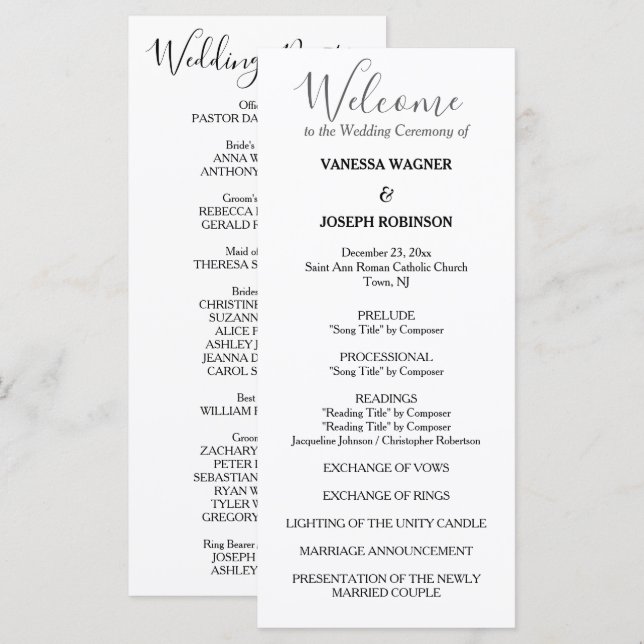 Classic White Wedding Program Names Programme (Front/Back)