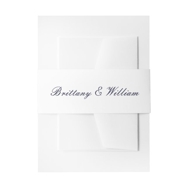 Classic White with Navy Blue Script Belly Band Invitation Belly Band (Front Example)