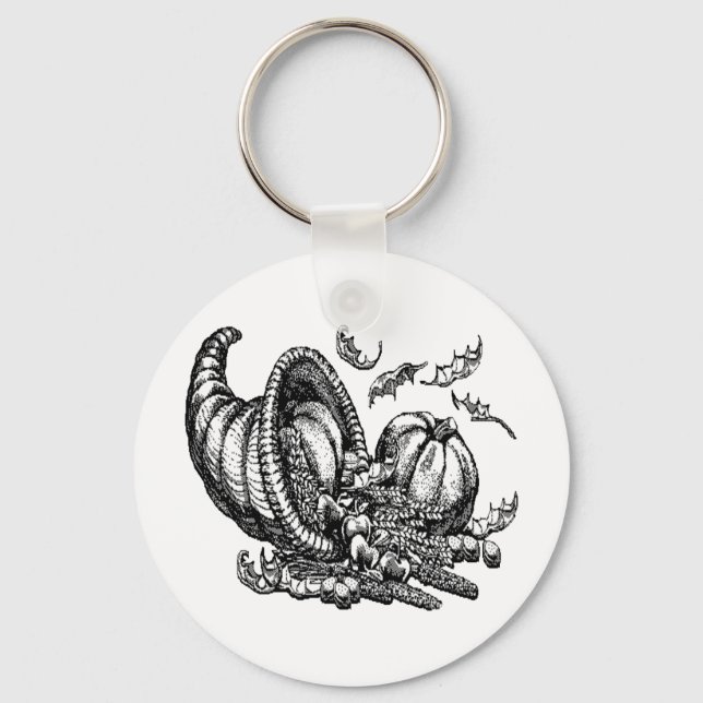 Classic Wicker Cornucopia Black White Illustration Key Ring (Front)