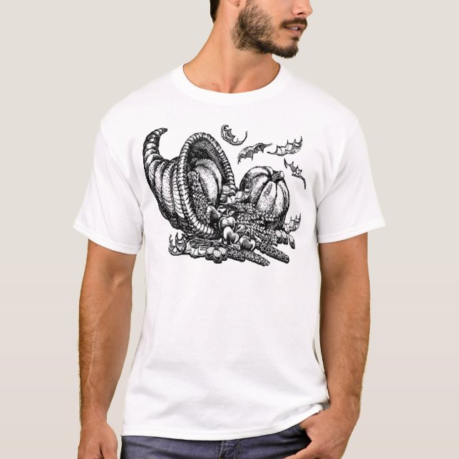 Classic Wicker Cornucopia Black White Illustration T-Shirt (Front)