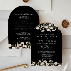 Classic Wildflower Black Front & Back Wedding  Invitation