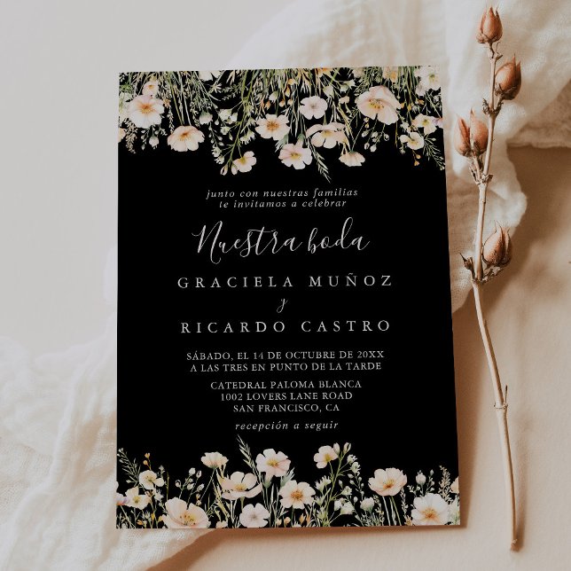 Classic Wildflower Black Nuestra Boda Wedding Invitation (Creator Uploaded)