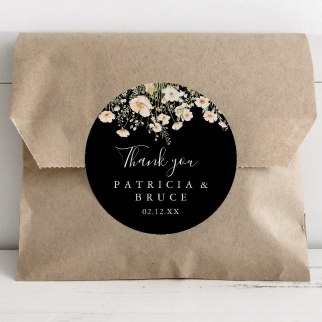Classic Wildflower Black Thank You Wedding Favour Classic Round Sticker (Creator Uploaded)