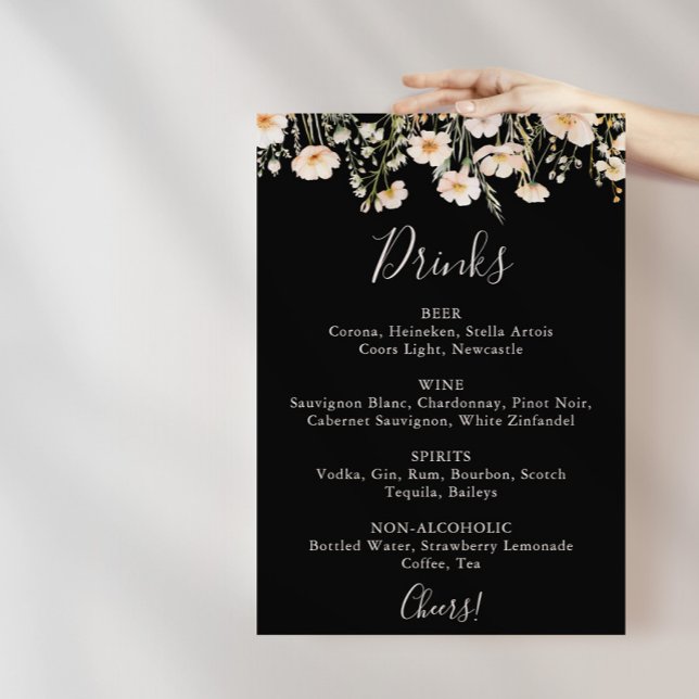 Classic Wildflower Black Wedding Drinks Menu  Poster (Creator Uploaded)