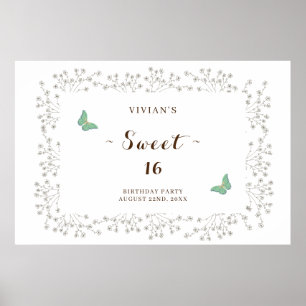 Classic Wildflower & Butterfly Sweet Sixteen Party Poster
