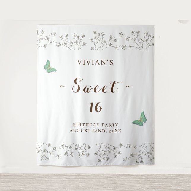 Classic Wildflower & Butterfly Sweet Sixteen Party Tapestry (Front)