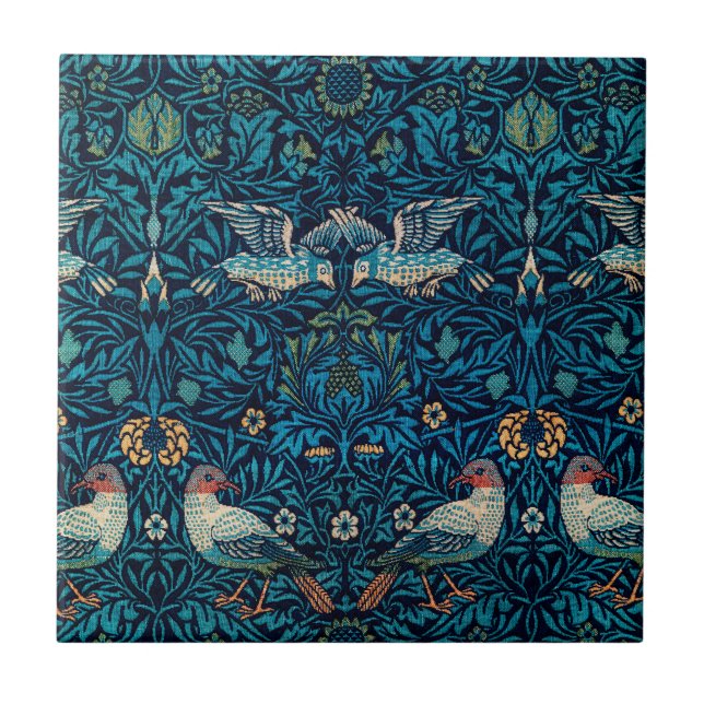 Classic William Morris Blue pattern l Floral Birds Tile (Front)