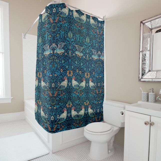 Classic William Morris strawberry Retro Navy blue Shower Curtain (In Situ)