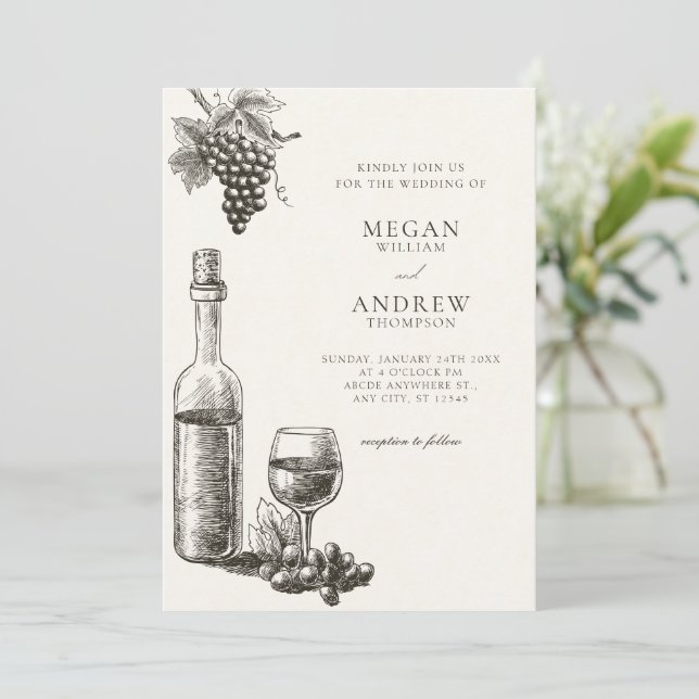 Classic wine bottle and grapes wedding invitation (Standing Front)