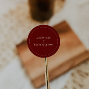 Classic Wine Red Bride & Groom Names Wedding Round Sticker