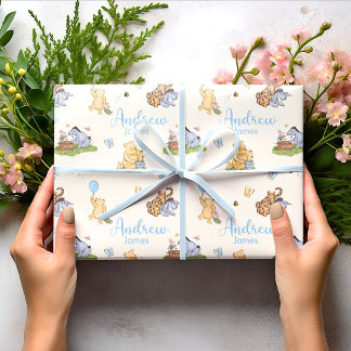 Classic Winnie the Pooh Blue Boy Baby Shower Gift Wrapping Paper