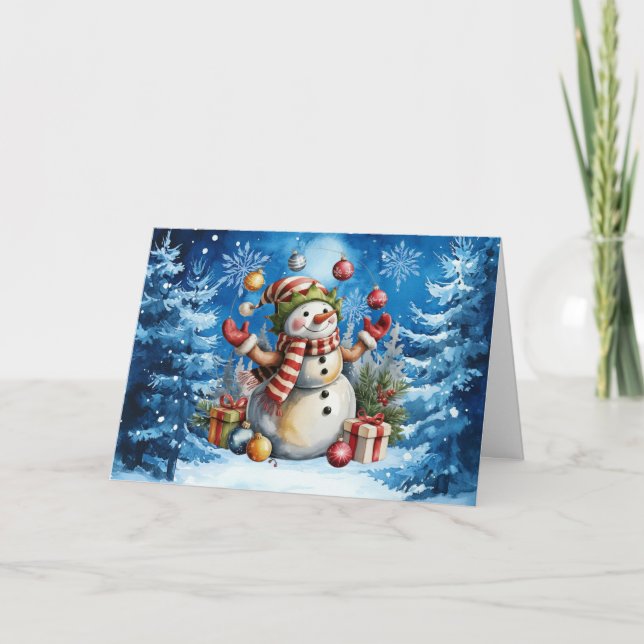 Classic Winter Blue Christmas Snowman  Holiday Card (Front)