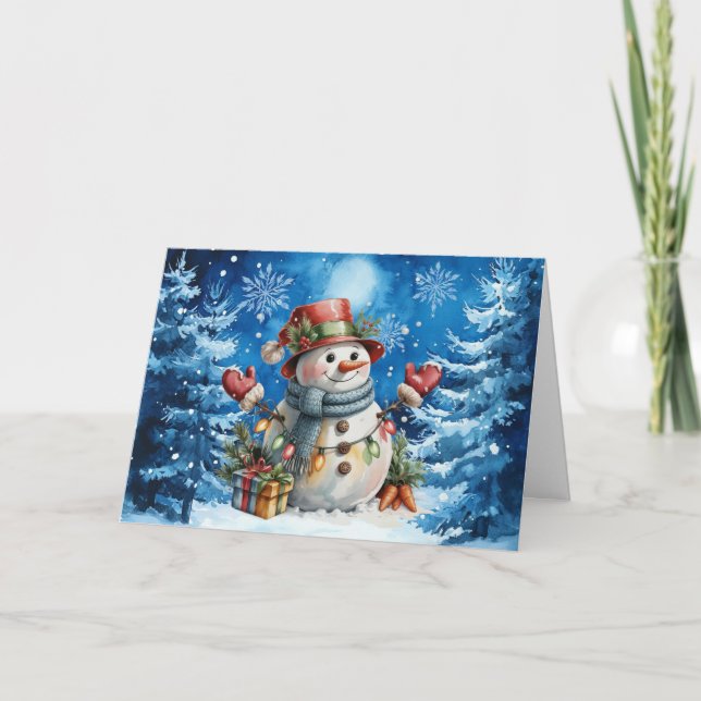 Classic Winter Blue Watercolor Snowman Blank Holiday Card (Front)