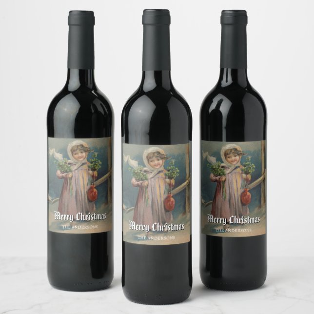 Classic Winter Girl by Lantern Scene Wine Label (Bottles)