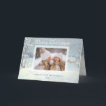 Classic Winter Merry Christmas Snow Photo Holiday Card<br><div class="desc">Nostalgic classic winter imagery featuring rustic snow-covered cottage and trees,  elegant Merry Christmas typography,  single-photo template and editable text field. Inside features complementary snowy background,  optional opaque blank label and text fields.</div>