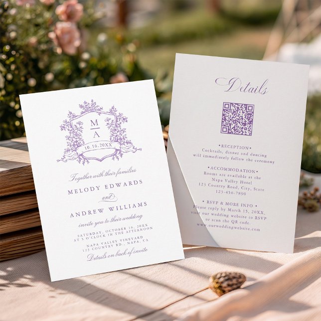 Classic Wisteria Floral Crest Wedding All in One Invitation (Front & Back)