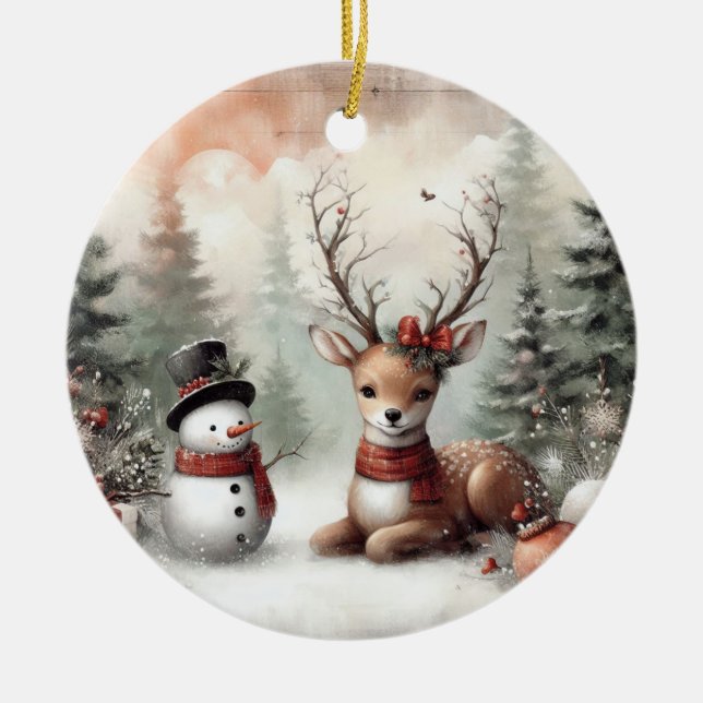 Classic woodland Christmas deer/snowman Ceramic Tree Decoration (Front)