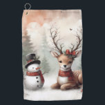 Classic woodland Christmas deer/snowman Golf Towel<br><div class="desc">vintage styled</div>