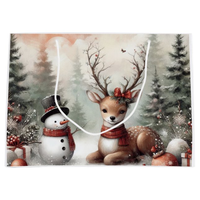 Classic woodland Christmas deer/snowman Large Gift Bag (Front)
