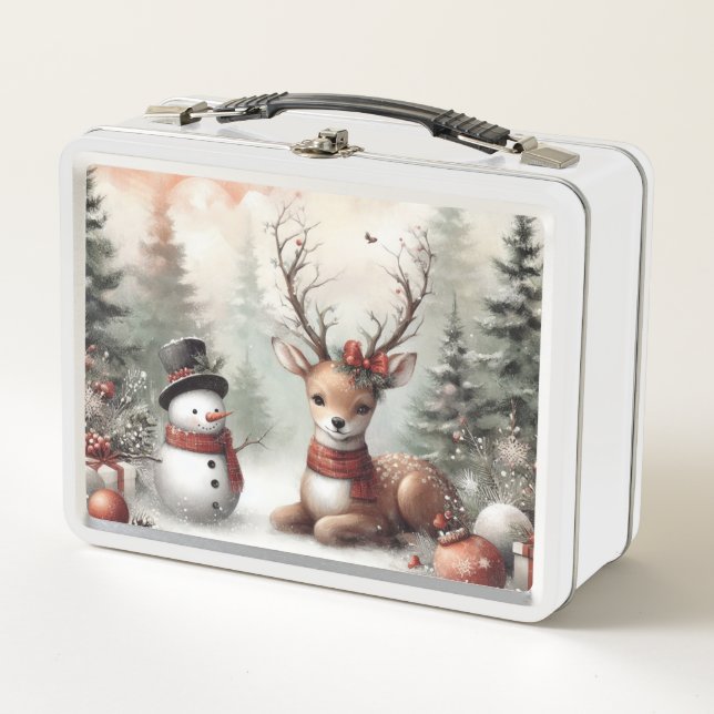 Classic woodland Christmas deer/snowman Metal Lunch Box (Front)